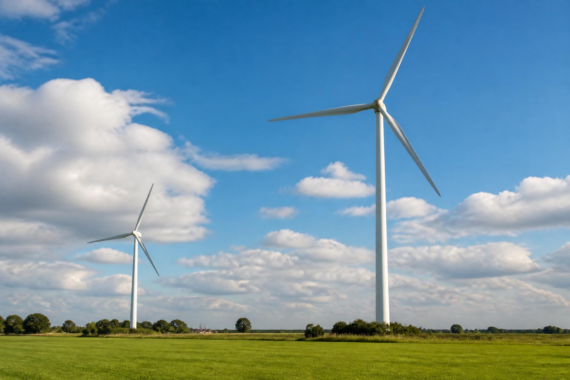 Windturbine in een open landschap onder een bewolkte lucht